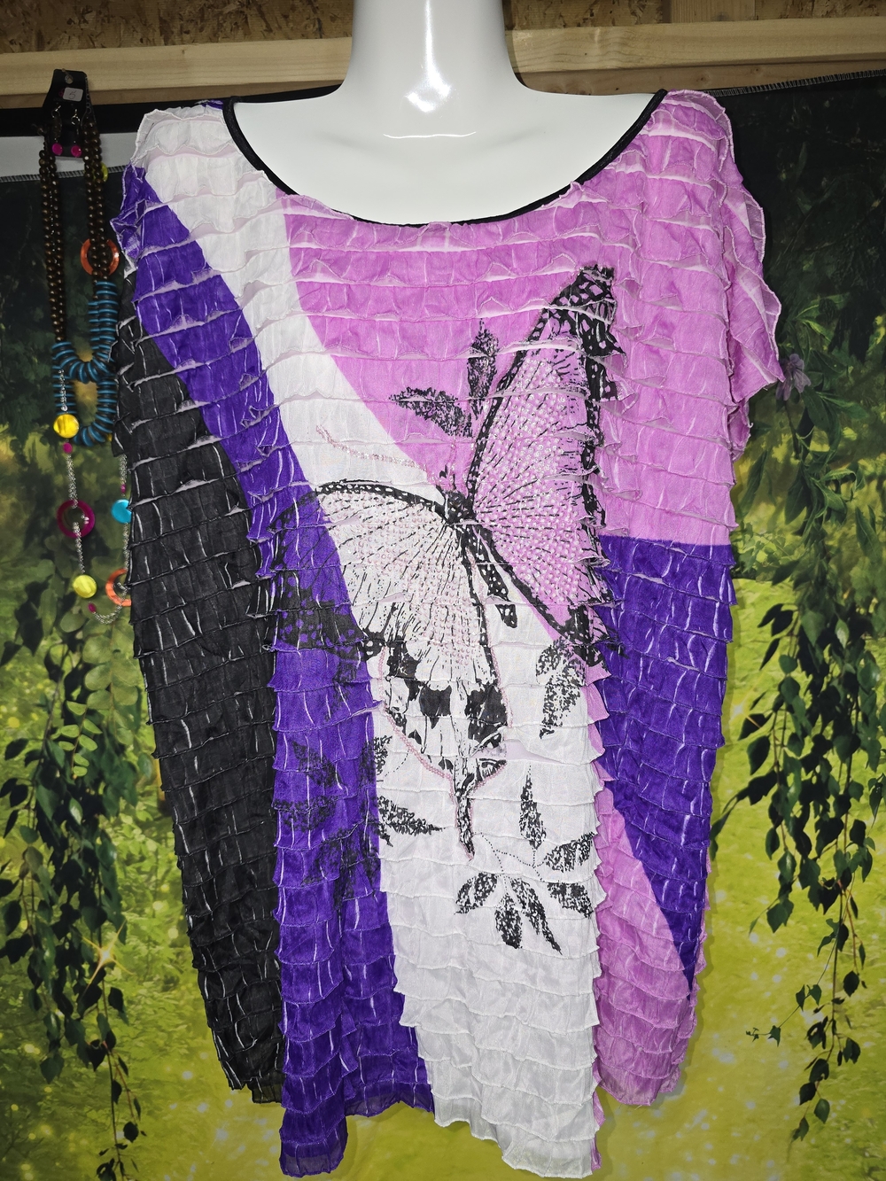 #201 Notations Pink Purple Colorblock Ruffle Butterfly Blouse Top